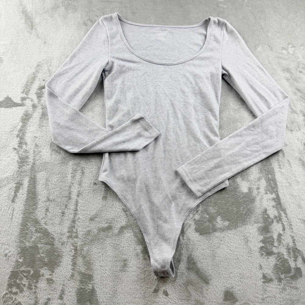 American Eagle Women's Small Gray Scoop Neck Long Sleeve Thong Bodysuit